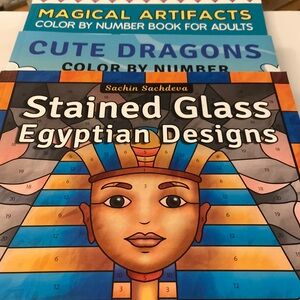 Three colour by number books, cute dragons, Egyptian Designs, and Magical